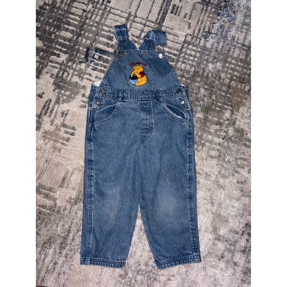 Vintage Disney Winnie the Pooh Denim Overalls 3T Blue Embroidered Silly Old Pooh